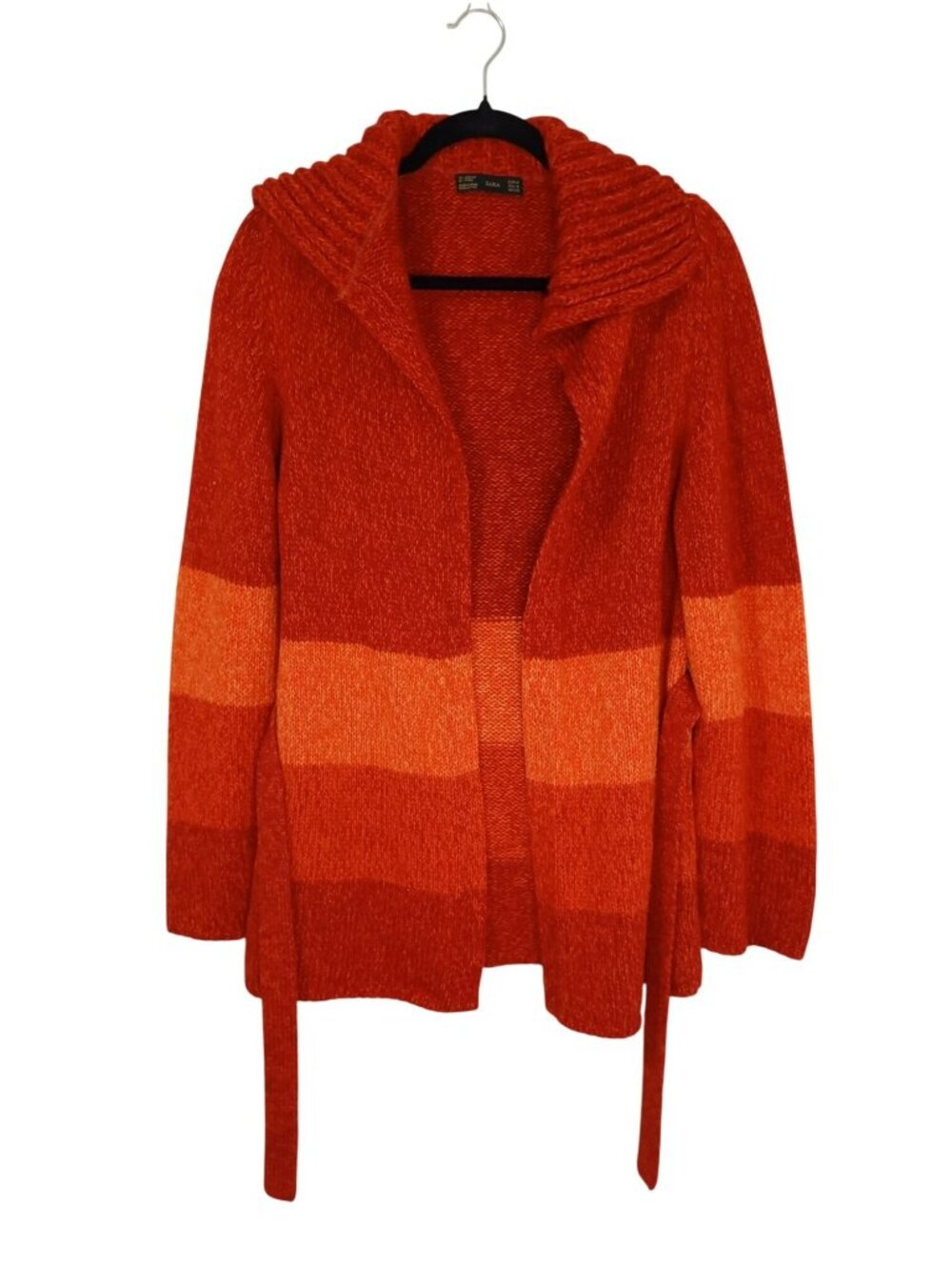 Zara Red & Orange Striped Knit Cardigan Sweater Belted Waist Medium Wool Blend